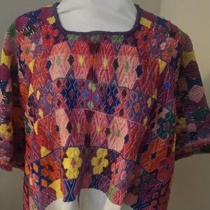 Vintage Guatemalan Huipil Handmade Poncho Top  Embroidered Handwoven Beaut
